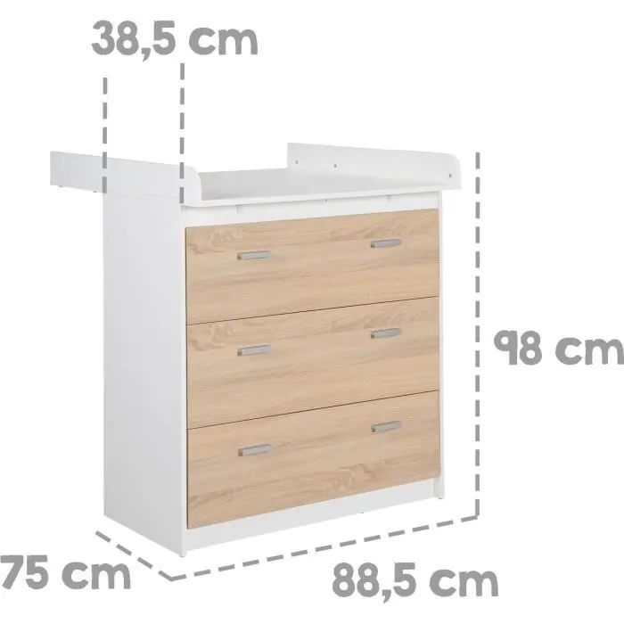 Chambre bébé complète - Lit évolutif 70 X 140 cm + Commode à langer + Armoire 3 portes - ROBA - Bicolore blanc / décor chêne clair-6