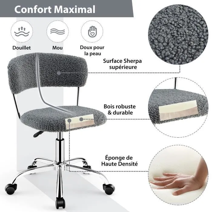 COSTWAY Chaise de Bureau Scandinave, Siège Doux en Poils Synthétiques de Lama,Réglable en Hauteur Gris-3