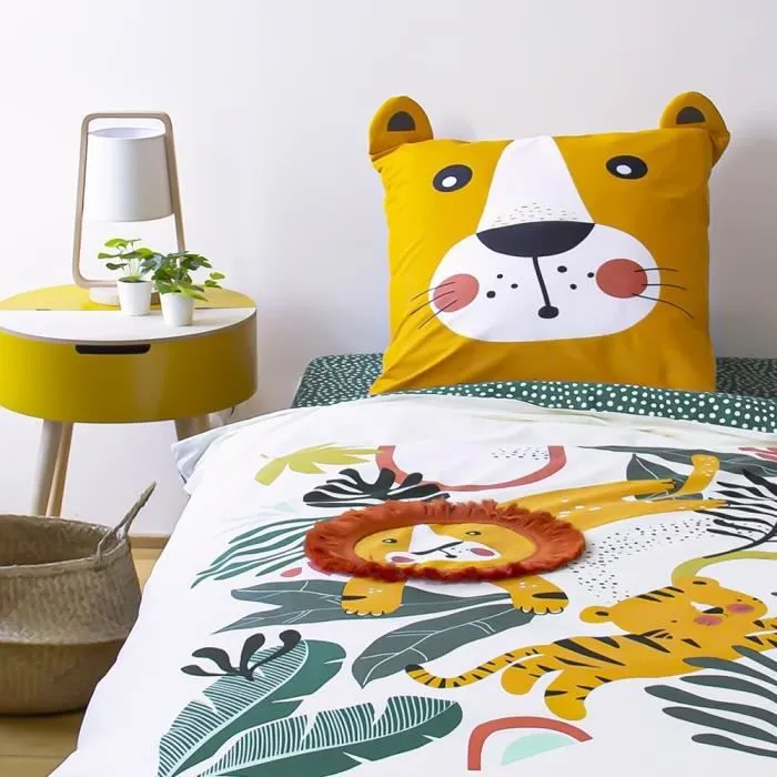 CÔTE DECO Parure de lit Enfant Réversible Lion Vert et Jaune Housse de Couette 140x200cm + 1 taie d'oreiller 63x53cm 100% Coton-0