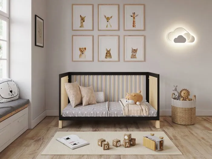 Lit Bébé Evolutif Convertible 140 x 70cm Anthracite-Pin, Lit d'enfant en bois 3 EN 1, 3 Niveaux de Réglage de la Hauteur-2