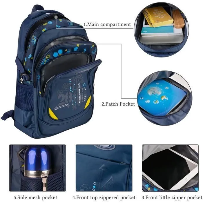 Cartable Garcon Sac A Dos College Garcon Sac Ecole Garcon En Nylon Cartable Enfant Primaire (Bleu Foncé)-2