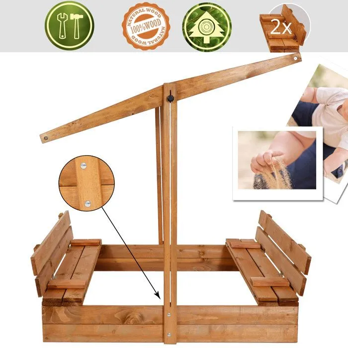 Bac à Sable - Springos - 120 x 120 cm - Bois Massif - Bancs Pliables - Toit Réglable-4