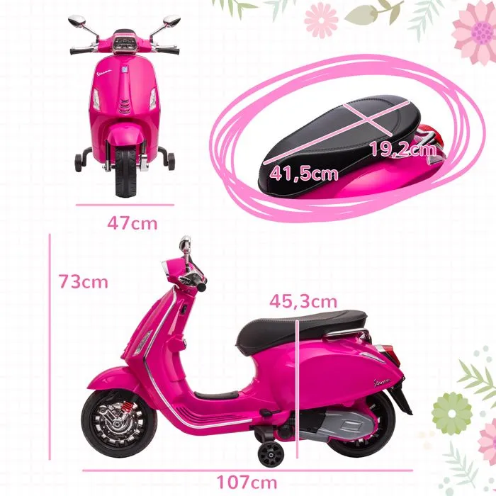 Scooter électrique enfant AIYAPLAY Vespa 6 V dim. 107L x 47l x 73H cm Musique MP3 Port USB Phare 2 roulettes, pour 3-6 ans, Rose-3