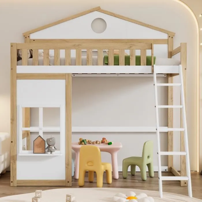 Lit mezzanine - Enfant - 90x200cm - Blanc + Naturel - Toit et fenêtres - Sécurisé avec balustrades-0