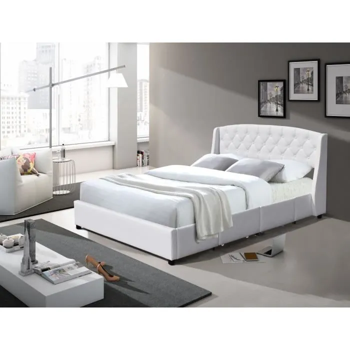 Lit 120x190 - iris - Blanc - Sommier inclus - 4 tiroirs - Design contemporain-1