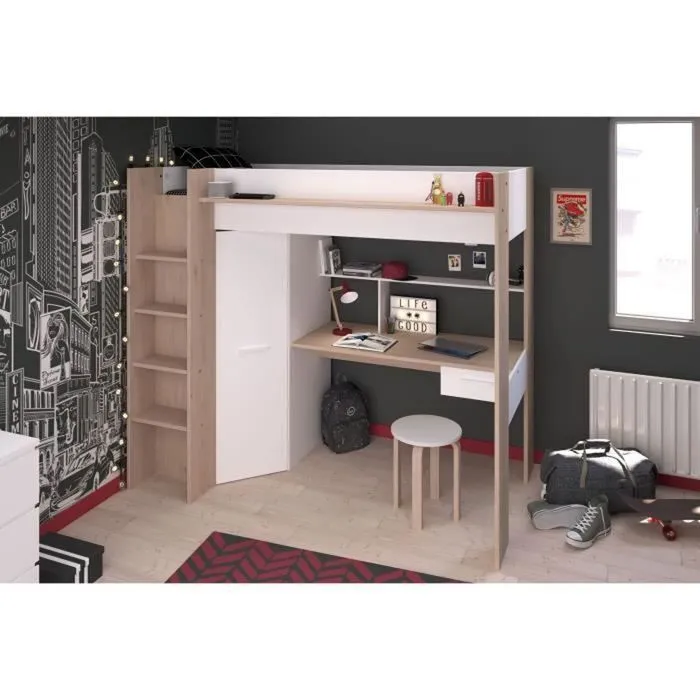 Lit mezzanine avec bureau et armoire - 90 x 200 cm - Coloris : Blanc et naturel - AUCKLAND-2