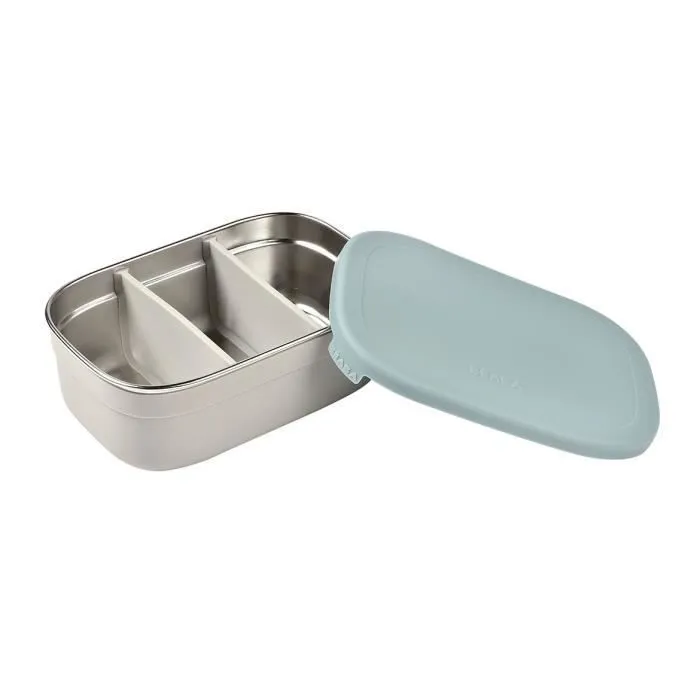 BEABA, Boîte repas enfant en inox, couvercle en silicone et housse de protection, Gris velours et bleu-4