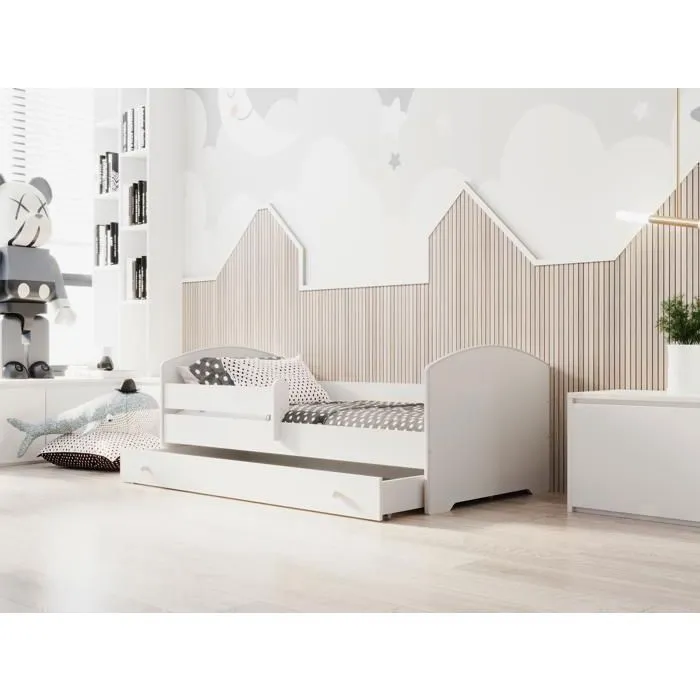 Lit enfant LUK 70x140 avec matelas sommier et tiroir, barrière de sécurité Blanc-5