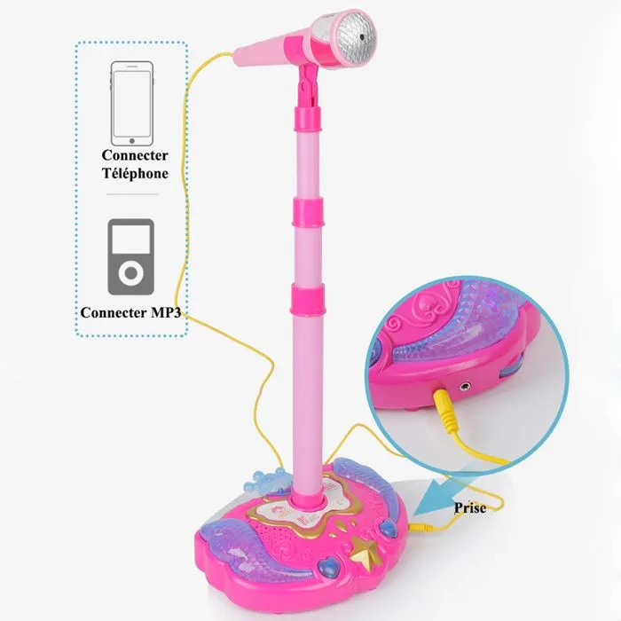 Micro Enfant sur Pied Karaoké Enfants - Avec Lumière Colorée - Micro Enfant pour Chanter Fille Garçon - Rose-2