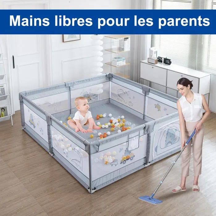 Parc Bébé avec 60 boules-Avec Tapis-2 Anneaux de Traction-Portable Centre d'activités Pour Enfants-180x200x65cm-Gris-3