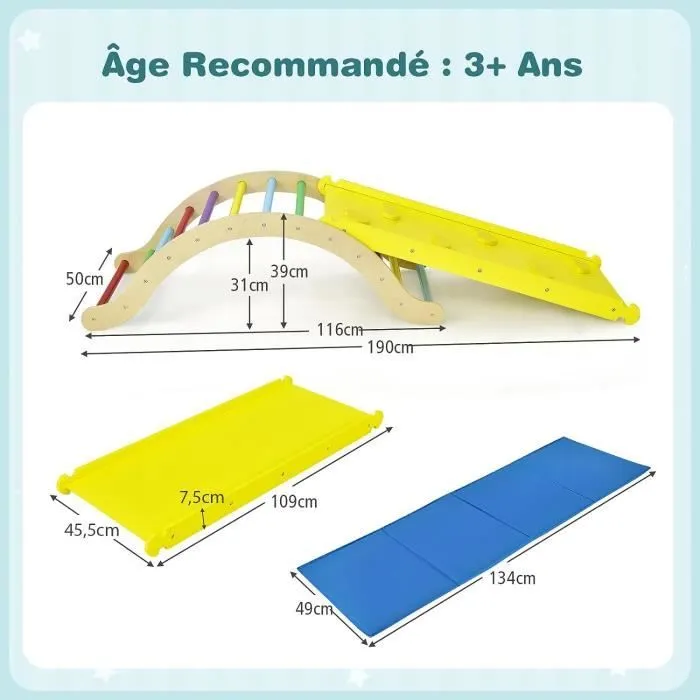 COSTWAY Triangle d'Escalade Réversible 4 en 1 pour Enfants, Grimper et Glisser Montessori en Bois Colorée-3