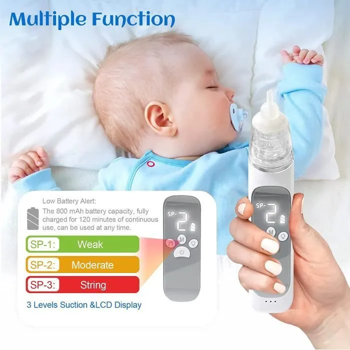 Aspirateur Nasal Électrique Bébé,Mouche Bebe avec 3 niveaux d'aspiration ,lumière, musique et 3buses réutilisables pour bébé-1