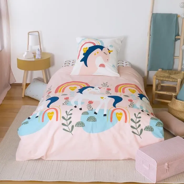 Parure de lit Enfant Réversible Licorne et Danseuse Rose Housse de Couette 140x200cm + 1 taie d'oreiller 63x53cm 100% Coton Bio*-1