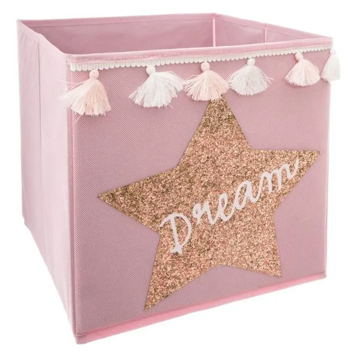 Bac de rangement enfant "Dream" - sequin et pompons - Rose clair - Atmosphera createur d'interieur-0
