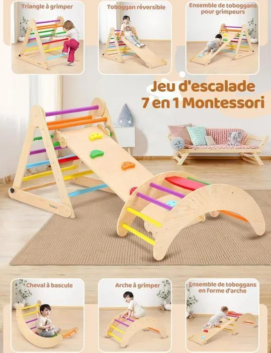Triangle d'escalade - Montessori - 7 en 1 - Bois naturel - 12 mois+ - Multicolore-3