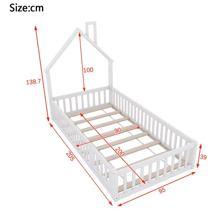Lit enfant 90x200cm - Lit cabane - en bois massif - avec sommier à lattes - Blanc-5