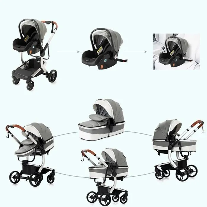 Poussette 3 en 1 Bébé Combinée Siège-Auto Nacelle Trio Réversible cuir pu Roues increvables Canne rouge.bazarland3-1