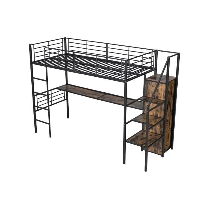 Lit mezzanine - DREAMMESPACE - 90x200cm - Métal noir - Bureau intégré - Armoire ouverte-2