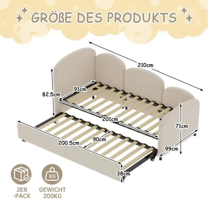 Lit gigogne - Enfant - 90x200 cm - Velours beige - 2 places - Avec tiroirs-3
