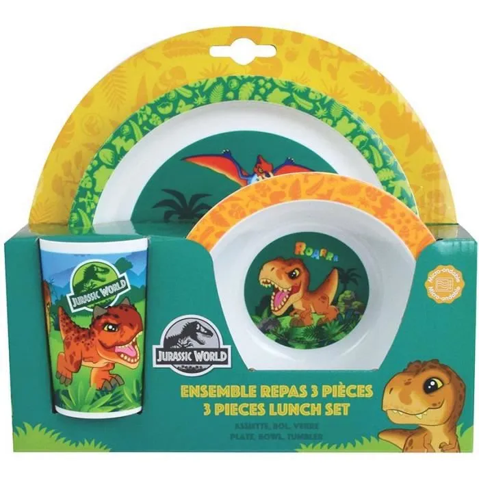 FUN HOUSE Jurassic Ensemble repas dinosaures avec une assiette ø 22 cm, une assiette creuse ø 16 cm et un verre 220 ml - Pour-1