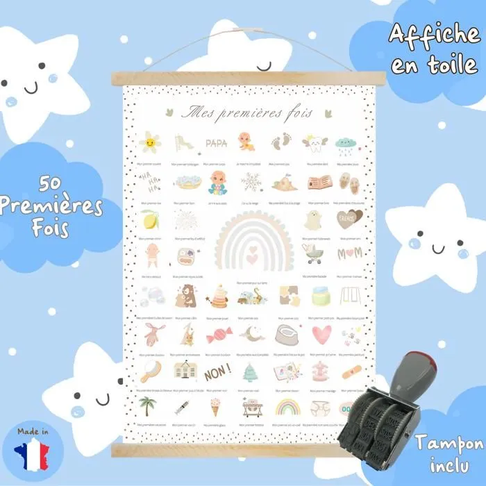 Affiche - Mes Premières Fois - Cadeau de naissance - 30x40cm - Cadre magnétique - Tampon inclus-0