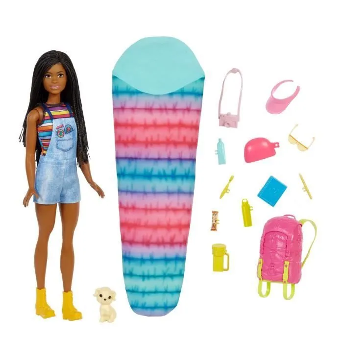 Barbie - Barbie Brooklyn Camping avec mini-figurine chiot, sac à dos, sac de couchage et accessoires - Poupée HDF74-2