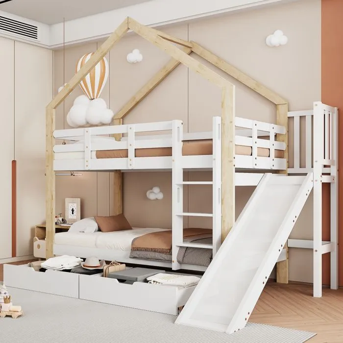 Lit superposé - Enfant - Maison avec toboggan - Bois massif - Blanc + Naturel - 90x200cm-0