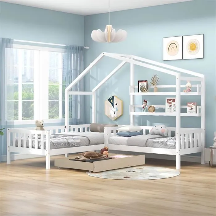 Lit cabane enfant - DREAMMESPACE - 90x200 cm - avec tiroirs et étagères - cadre en L - bois massif blanc-0