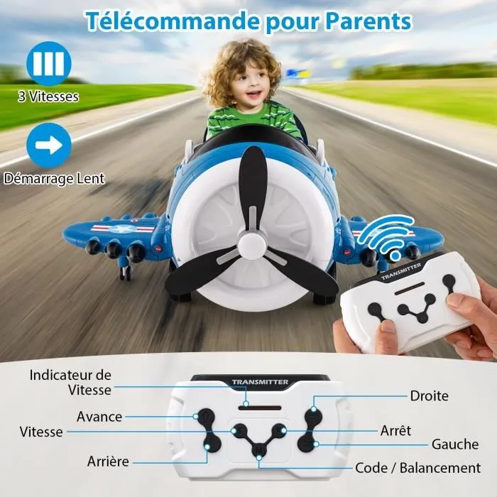 COSTWAY Avion Voiture Électrique Enfant avec Joysticks, Télécommande 2,4 G, Ailes Pliables et Hélice, Dérivable, 3 Ans+, Bleu-2