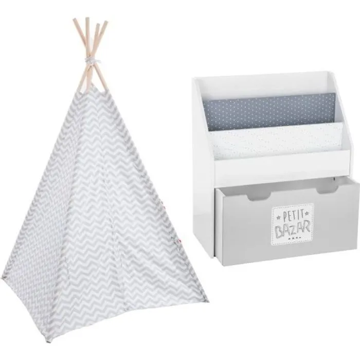 Tipi décoration gris - ATMOSPHERA FOR KIDS - Pour Enfant - Bibliothèque avec bac de rangement sur roulettes-0