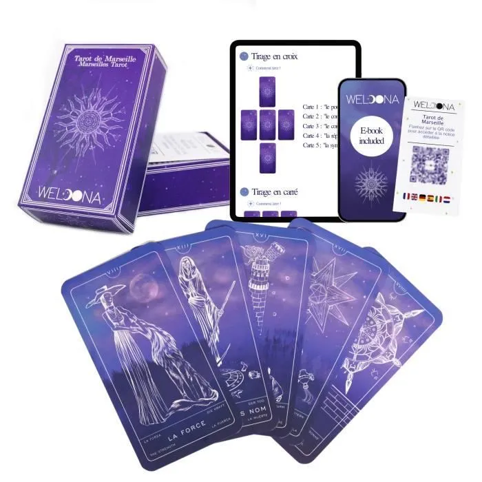 WELOONA - Tarot de MarseilleJeu de Tarot divinatoire (78 cartes avec E-book inclus)-0