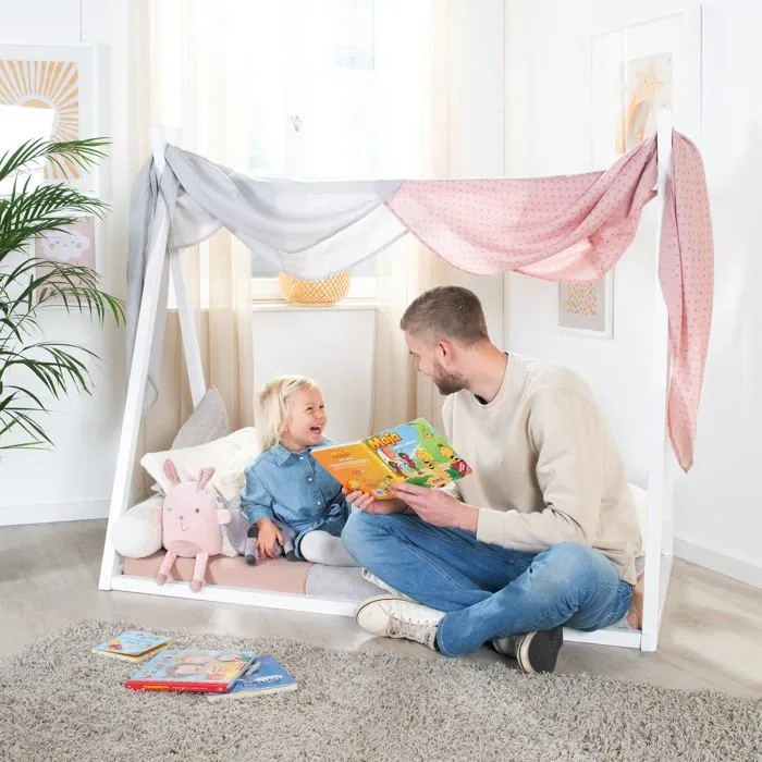 Lit Tipi 70 x 140 cm pour Enfants ROBA - Bambou Certifié FSC - Lit Indien pour Garçon et Fille - Bois Laqué Blanc-3