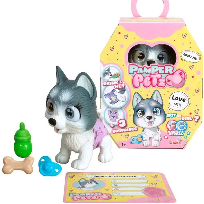Smoby - Pamper Petz - Husky à adopter - 4 accessoires - Articulé - Bois et fais pipi - Certificat d'adoption - Dès 3 ans-4
