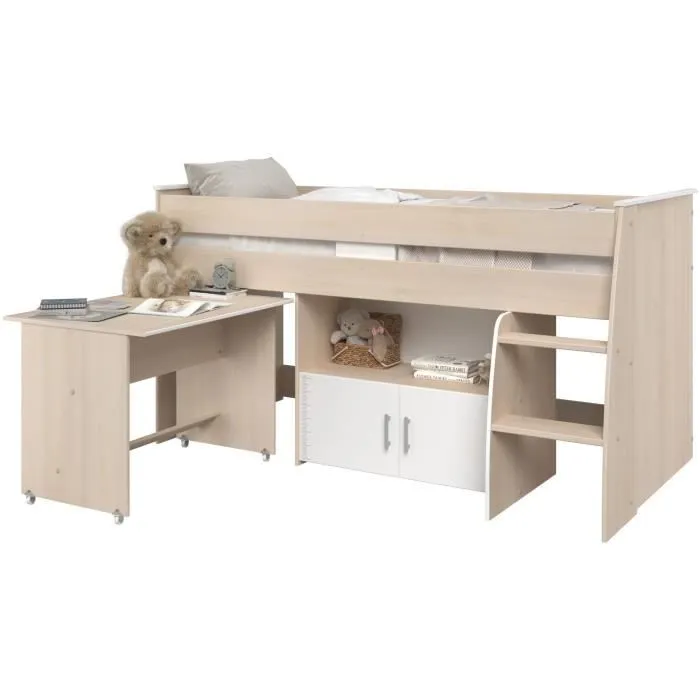 Lit combiné enfant Parisot ZOLA 90x200 cm - 2 portes - Avec bureau - Décor acacia clair et blanc-1