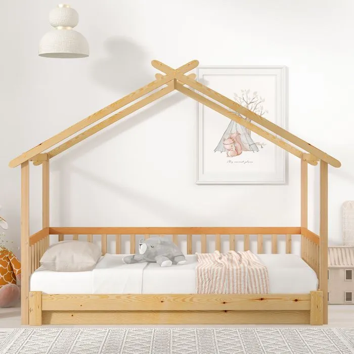 Lit Cabane Extensible,Lit Enfant - en Bois Massif - avec Barrière - 90*200 cm/180*200 cm- couleur bois naturel-3