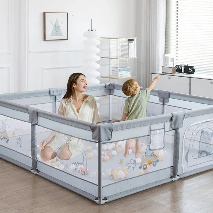 Parc Bébé avec 60 boules-Avec Tapis-2 Anneaux de Traction-Portable Centre d'activités Pour Enfants-180x200x65cm-Gris-1