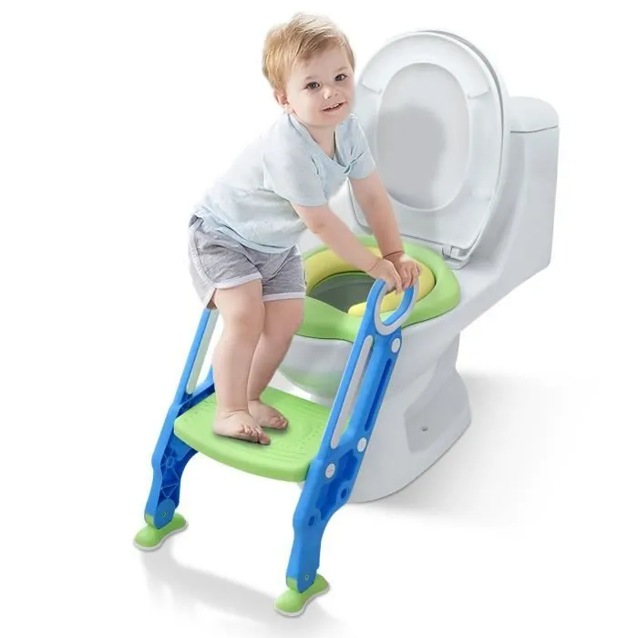 UISEBRT Siège de Toilette pour Enfant avec Escalier Pliable Coussins en Polyuréthane et Poignées Hauteur Réglable Bleu et Vert-0
