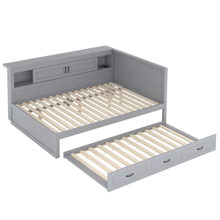 Lit gigogne 140x200cm+90x190cm - lit méridienne avec sommier à lattes, espace de rangement, LED et port USB - Bois Gris-5