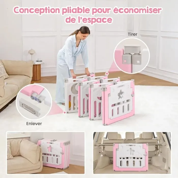 Parc Bébé Pliable, Parc Bebe Modulable Plastique 150×150cm, Parc Bebe avec Porte, Parcs Enfant XL avec Panneau d'activité, Rose-1