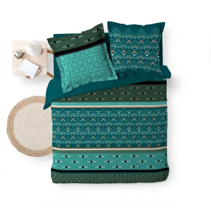 Housse de couette - Percale - Graphique - Bleu canard et vert - 260 x 240 cm - 3 pièces-1