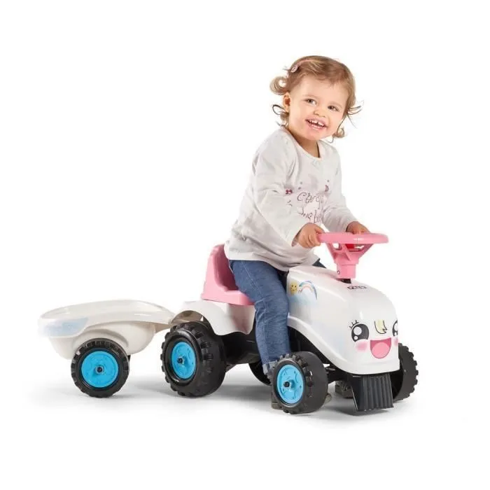 Porteur Tracteur Rainbow Farm avec remorque - FALK - Pour filles dès 1 an - Formes rondes et couleurs pastels-2