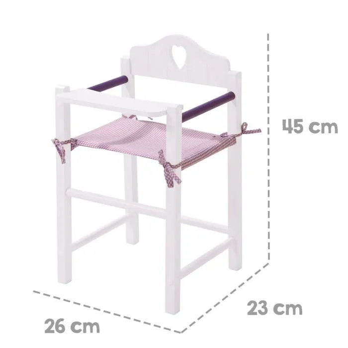 Chaise Haute pour Poupées Fienchen - ROBA - Bois Blanc / Violet - Motif Vichy - Assise en Tissu-3