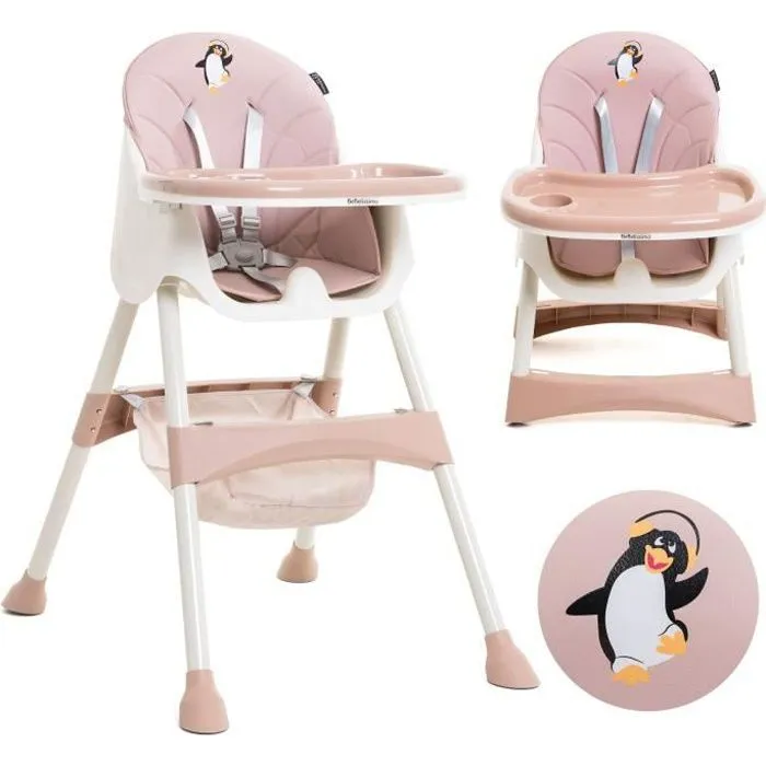 BEBELISSIMO  - Chaise Haute Bébé Evolutive - dès 6 mois jusqu’à 20kg -Disco Pinguin - hauteur réglable - rose-3