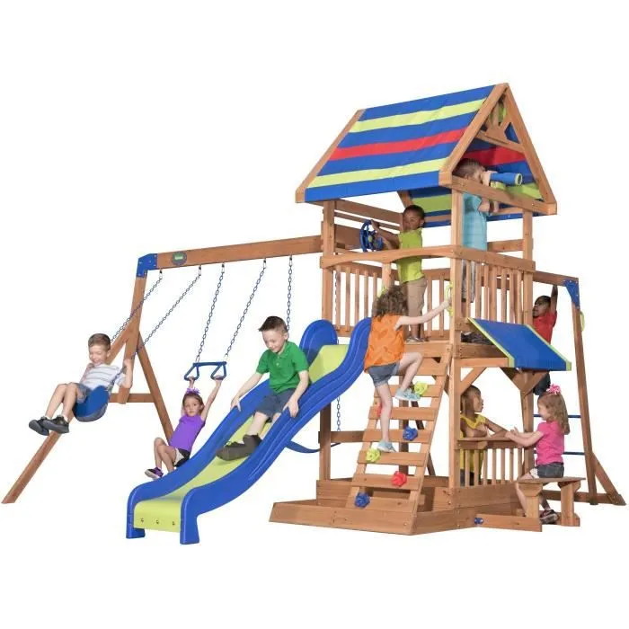 Aire de jeux en bois Northbrook avec balançoire, toboggan, bac à sable et snack-bar - Backyard Discovery-2