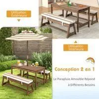 Table et 2 Bancs de Jardin avec Parasol et Coussins en Sapin pour 4 Enfants - COSTWAY-2
