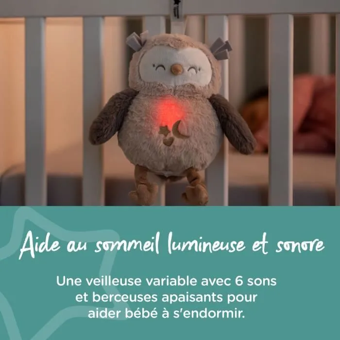 TOMMEE TIPPEE, Peluche veilleuse de luxe avec CrySensor, 6 sons apaisants, USB, lavable en machine, Ollie la Chouette-1