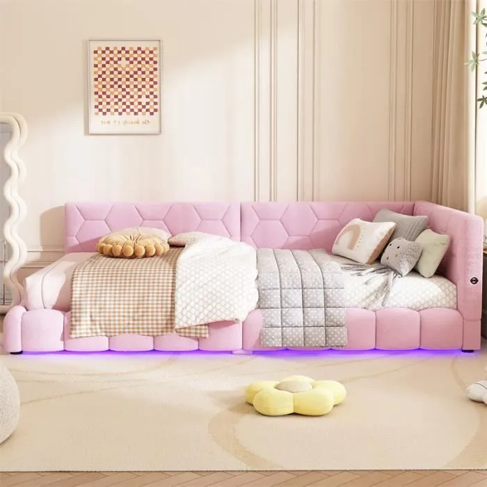 Canapé-lit - Non spécifié - 90x200 cm - LED avec port USB - Tissu peluche - Rose-1