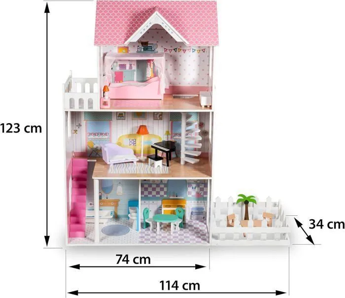 Grande Maison de Poupées en Bois Mamabrum, Éclairage LED, Jardin, 3 Étages,  4 Pièces,  Meubles Mobiles Piano, Lit, Canapé, Cuisine-2