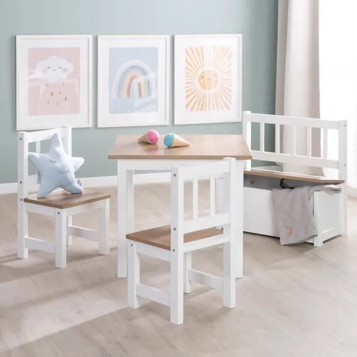 ROBA Banc Coffre à Jouets Woody pour Enfant - Meuble de Rangement en Bois 2 en 1 - Fermeture Douce - Blanc / Aspect Bois-2
