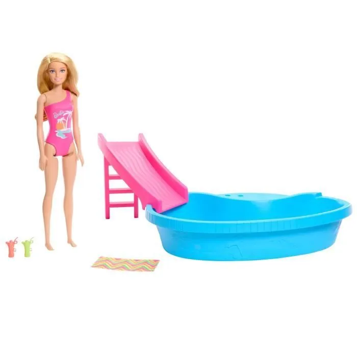Barbie-Poupée et accessoires-Coffret poupée blonde avec piscine de rêve HRJ74-0